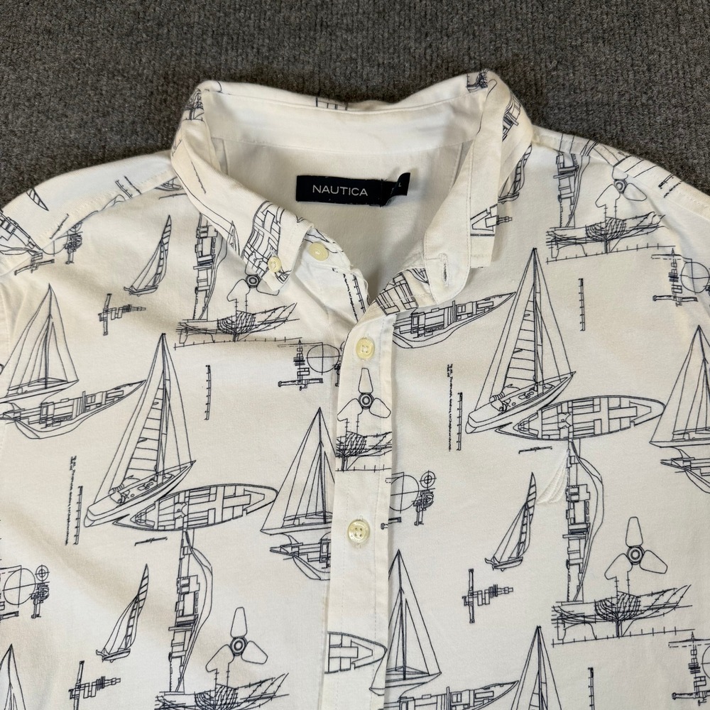 Nautica Mens Sailboat Blueprint Short Sleeve Button Down Shirt White Large #4066